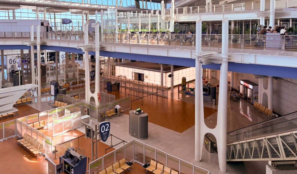Interior of Francisco Sá Carneiro Airport terminal in Porto, Portugal