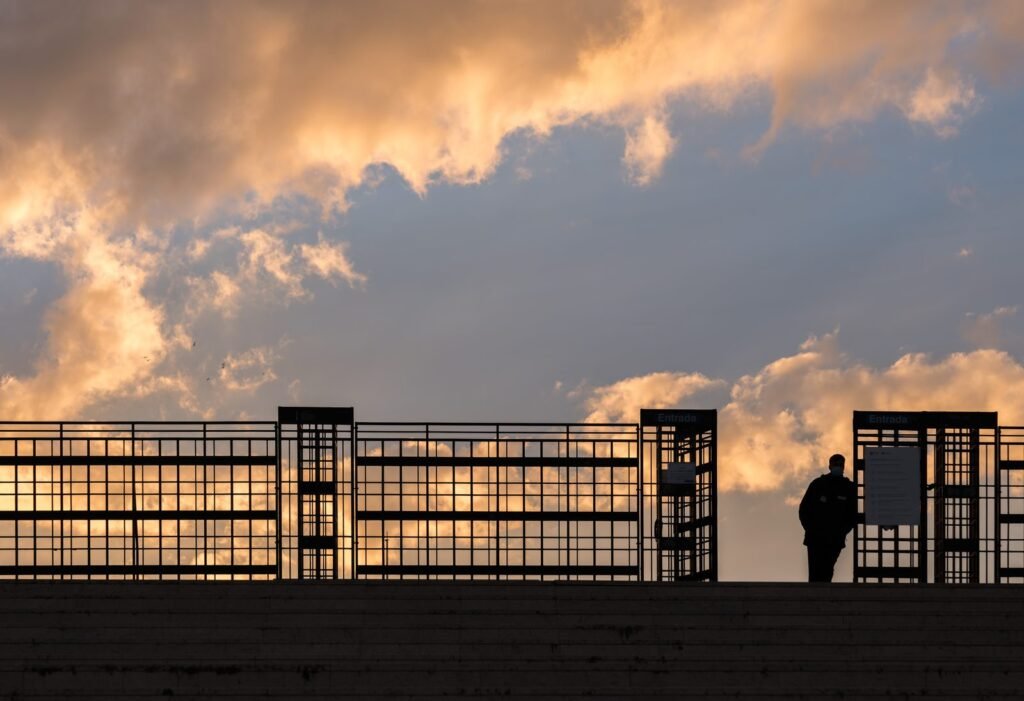 Security guard at a building entrance in Lisbon, Portugal