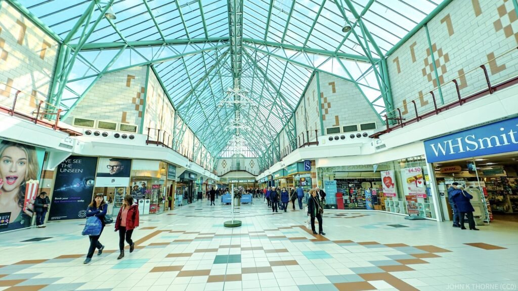 Interior atrium of a modern shopping mall